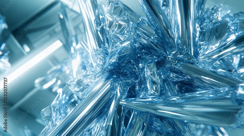 Fototapete abstract 3d rendering of a chaotic arrangement of metallic, chrome like structures. the image featur