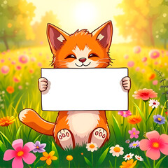 A cute red kitten sits on the grass with flowers and holds a white sheet of paper on its paws. Place for inscriptions.