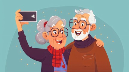 Happy Elderly Couple Taking Selfie in Cartoon Style