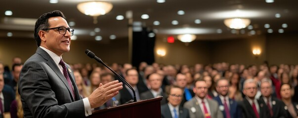 Fototapeta premium A speaker addresses a large audience, delivering a speech at a formal event, showcasing engagement and professionalism.