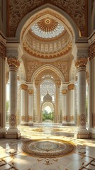 Obraz premium A Breathtakingly Opulent Palace Interior, Bathed In Sunlight, Features Intricate Gold Detailing And A Stunning Mosaic Floor. It Evokes A Sense Of Grandeur And Serenity.
