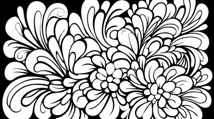 Fototapeta premium Black and white abstract floral illustration with swirling, flowing lines and various flower like shapes. Intricate details create a sense of