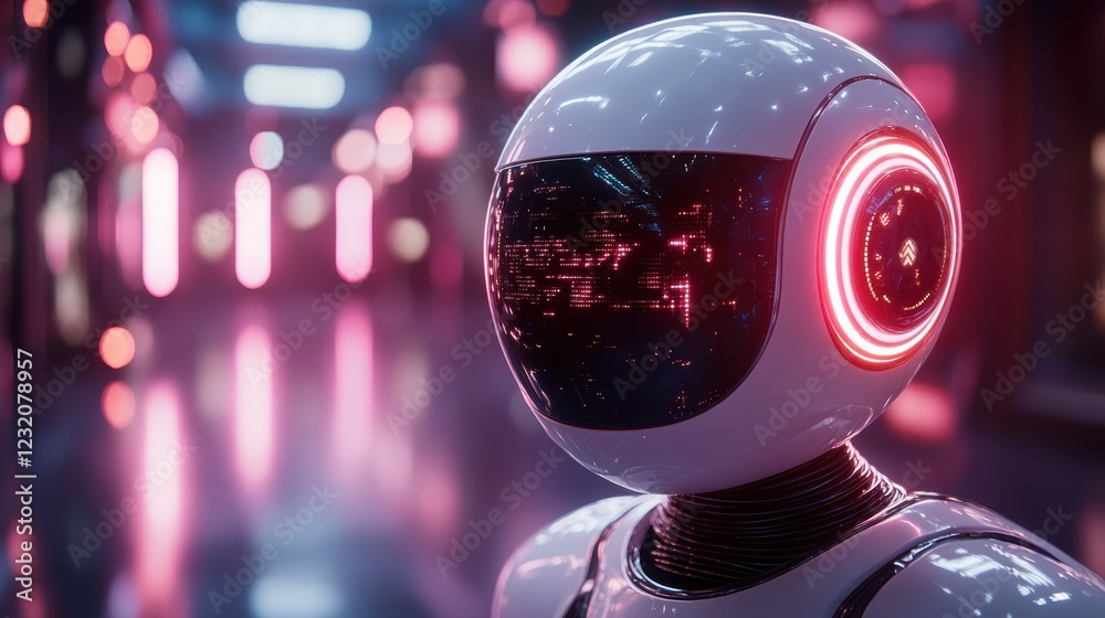 Poster futuristic robot with glowing accents, showcasing advanced artificial intelligence in a sleek, moder