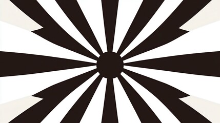 Abstract black and white radial design featuring sharp triangular shapes radiating from a central black circle. The background is off white