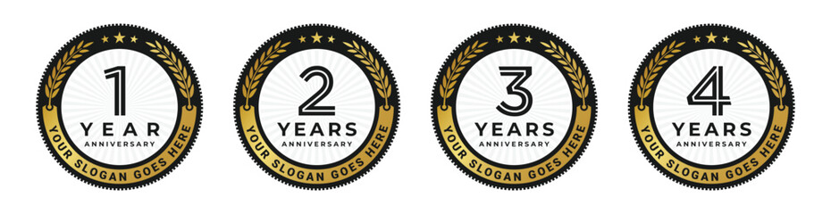 1 year to 4 years anniversary logo golden circle emblem vector design illustration collection isolated