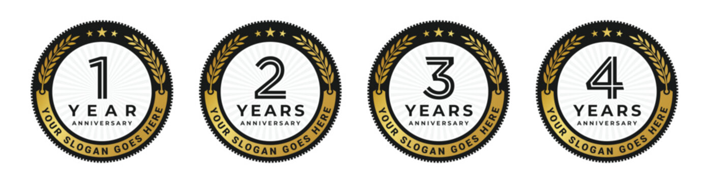 1 year to 4 years anniversary logo golden circle emblem vector design illustration collection isolated