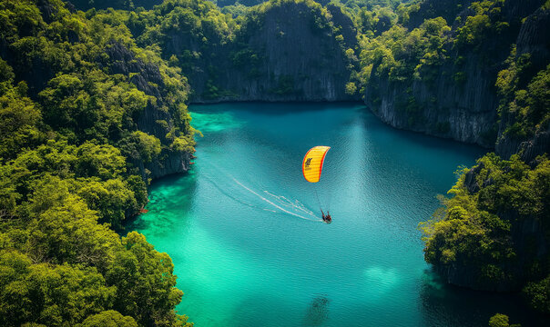 Parasailer Floating Above an Emerald Lagoon, Capturing the Serenity of the Tropical Waters