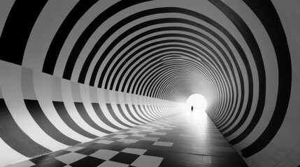 Abstract black and white tunnel with swirling patterns and a checkered floor leading to a bright light at the end. The image creates a sense of depth