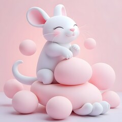 Obraz premium Adorable White Mouse Amidst Pastel Pink Spheres: A Charming 3D Render