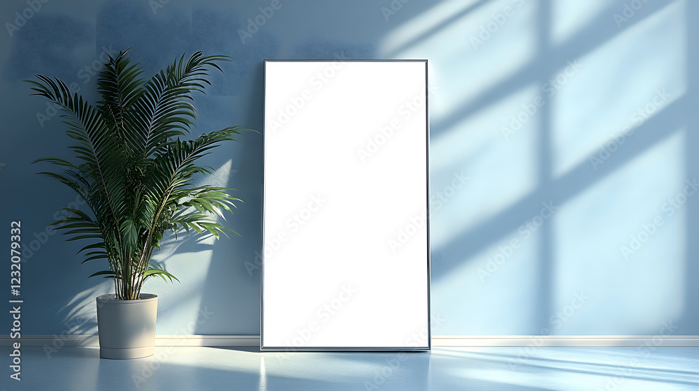 Poster peaceful and serene modern living room interior with a large lush indoor plant and sunlight streamin