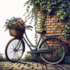 an old-fashioned bicycle leaning against a brick wall covered in ivy, with a basket of flowers in the front. Vintage design. Vintage poster design. Tshirt design vintage