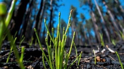 Obraz premium Resilient green shoots emerge from blackened earth in aftermath of forest fire in a sunlit woodland