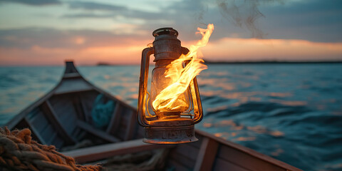 Burning Kerosene Lantern on a Wooden Boat at Sunset