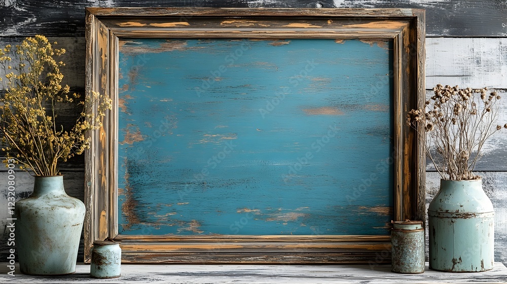 Poster rustic vintage wooden frame on a distressed farmhouse style wall with two ceramic vases filled with 