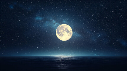 Fototapeta premium Full moon over calm ocean at night, starry sky background