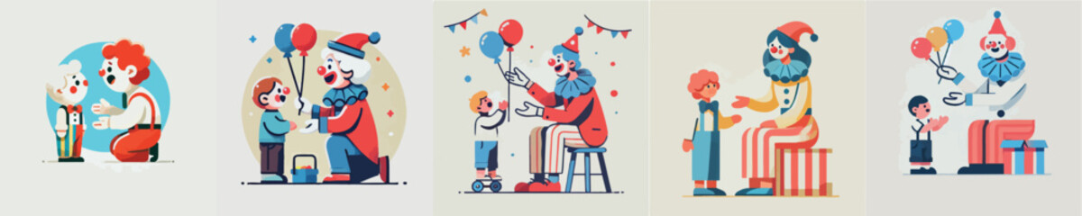 set of clown vectors entertaining little children