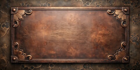 Antique bronze copper plate on dark black brown metal sheet background with intricate details and patina effect, vintage bronze, abstract metalwork