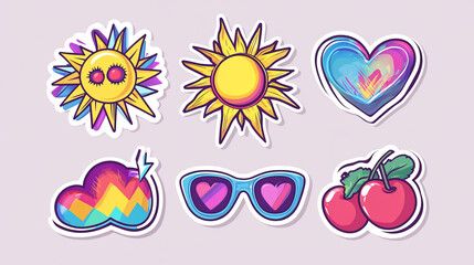 Retro groovy stickers with rainbow, sun character, disco ball, lightning and eye. Psychedelic rave icons with love symbol, cherry and heart shaped glasses, vector set in contemporary style