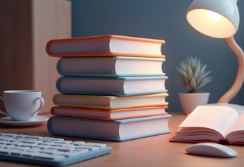 Fototapeta premium Pastel Book Stack: A Serene Study Nook Scene