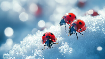 Ladybugs, full of energy, emerge from the remnants of the old snow, their tiny bodies basking in the warmth of the fresh spring sunlight as they begin their journey into the new season.