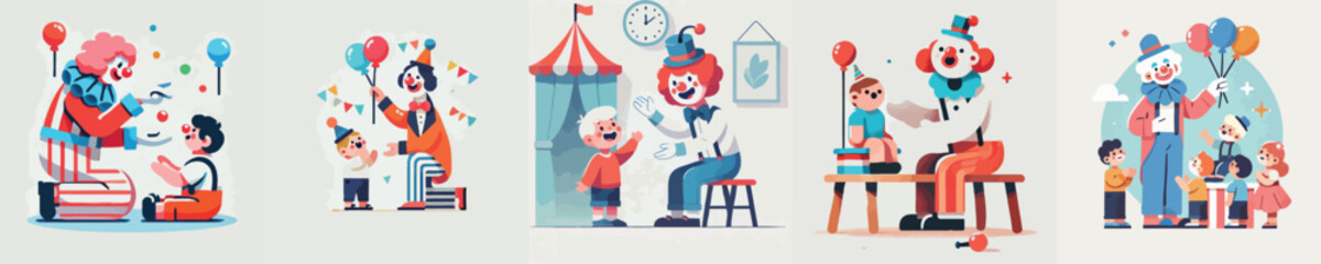 set of clown vectors entertaining little children