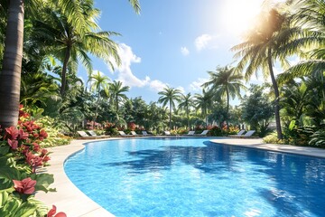 Fototapeta premium A beautiful swimming pool in the middle of a tropical garden with palm trees and flowers, bright blue water, close-up, Generative AI