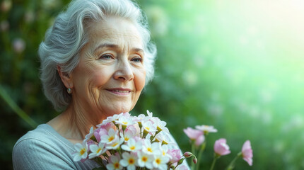Obraz premium Cheerful old American lady holds a bouquet of flowers. Mother's Day wallpaper with empty space for text