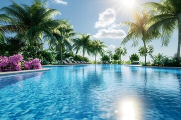Fototapeta premium A beautiful swimming pool in the middle of a tropical garden with palm trees and flowers, bright blue water, close-up, Generative AI