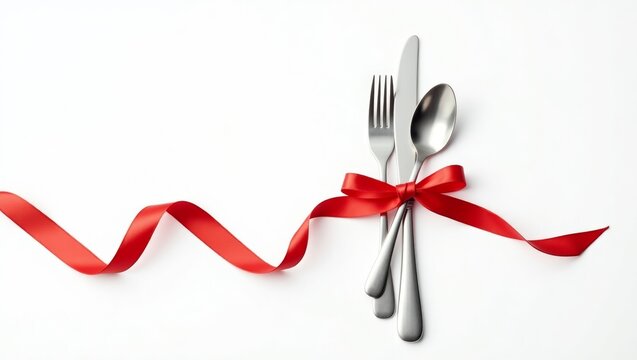 Elegant silverware still life with red satin ribbon