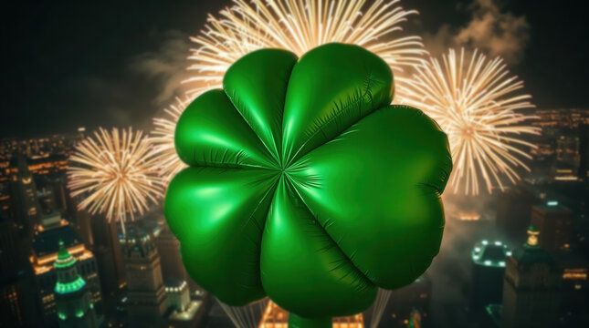 Gigantic clover balloon flying above the fireworks on a Saint Patrick's Day celebration in the city center. Huge inflatable shamrock in the sky