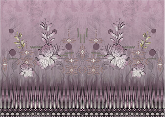 Panoramic view: bouquet of roses, spring blossom. Horizontal border: red, mauve, pink flowers, buds, green leaves on white background. Digital draw illustration in watercolor style, vintage, vector
