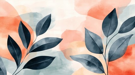 Abstract watercolor painting of dark leaves on a peach and blue background.