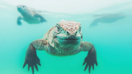 Obraz premium Galapagos marine iguanas gliding through the clear blue waters, their sleek bodies cutting through the ocean as they navigate the currents with ease, surrounded by the vibrant underwater world.