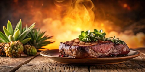 A close-up view of a succulent steak against an abstract gradient that mimics the warmth and coziness of a rustic dining room, steak, warm tones