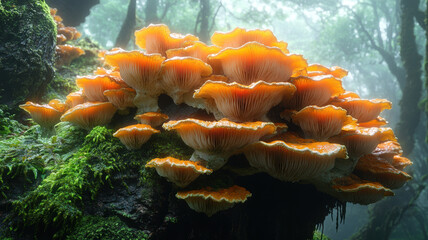 A mystical forest scene with dramatic mist, glowing orange and cream mushrooms with ruffled edges growing on a moss-covered rock wall, surrounded by vibrant moss.