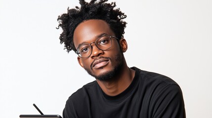 Thoughtful young man with smartphone in casual black outfit