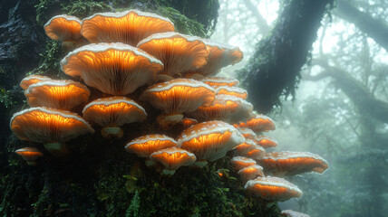 A mystical forest scene with dramatic mist, glowing orange and cream mushrooms with ruffled edges growing on a moss-covered rock wall, surrounded by vibrant moss.