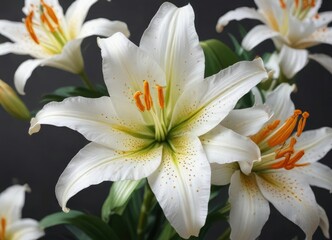 Exquisite white lily with orange polka dots in full bloom, colorful nature, garden plants, high contrast, blooming garden flowers, petal pattern