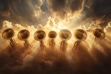 Seven trumpets descending from the sky, radiating divine light and power, symbolizing biblical prophecy and spiritual revelation.

