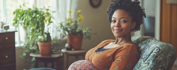 A radiant pregnant woman sits in a comfy chair, bathed in the soft glow of natural light streaming through the window, radiating warmth and happiness.