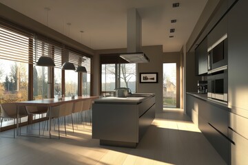 Modern kitchen and dining area with large windows, island, and wooden table.
