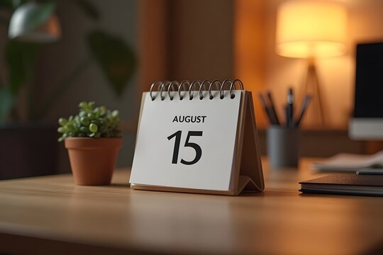 A calendar page flipping to August 15, set in a cozy desk scene.