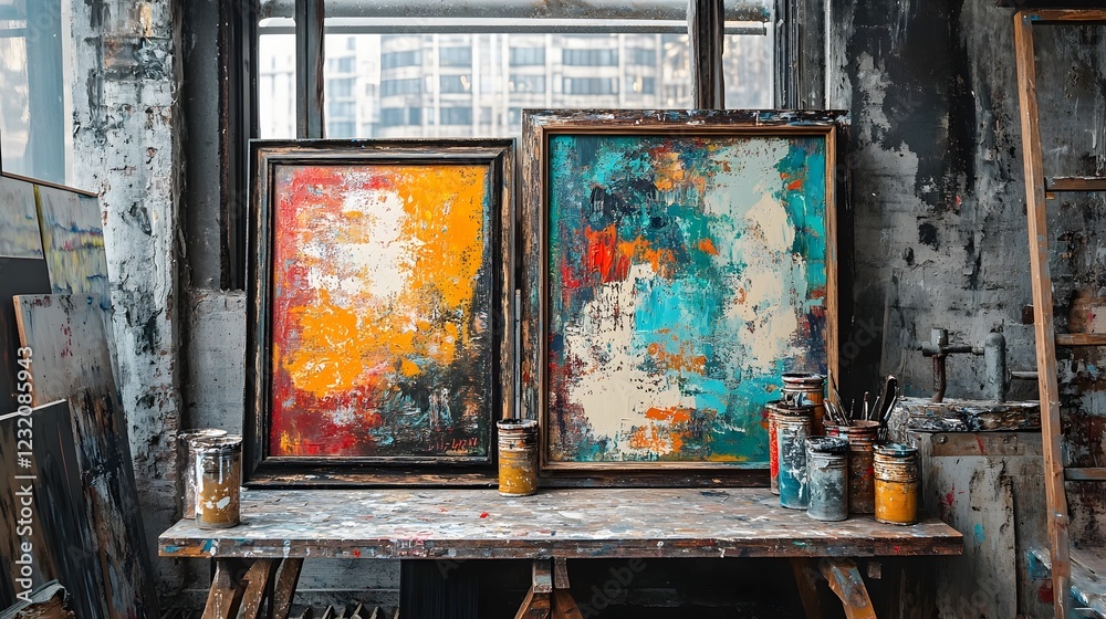 Poster vibrant and textured abstract acrylic paintings displayed on a wooden shelf in a rustic industrial s