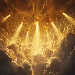 Seven trumpets descending from the sky, radiating divine light and power, symbolizing biblical prophecy and spiritual revelation.

