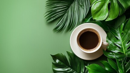 A serene workspace showcasing a stylish laptop nestled among lush green leaves with a steaming cup of coffee nearby, creating an inviting atmosphere for creativity in the early hours