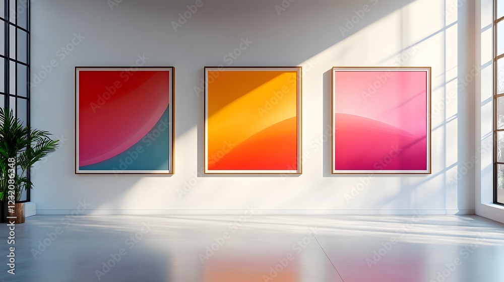 Poster vibrant geometric abstract paintings displayed in a serene and modern art gallery interior with natu