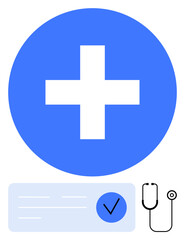 Fototapeta premium Blue medical cross, identification card with check mark, and stethoscope. Ideal for healthcare branding, medical services, verification, identification, health insurance, wellness programs patient