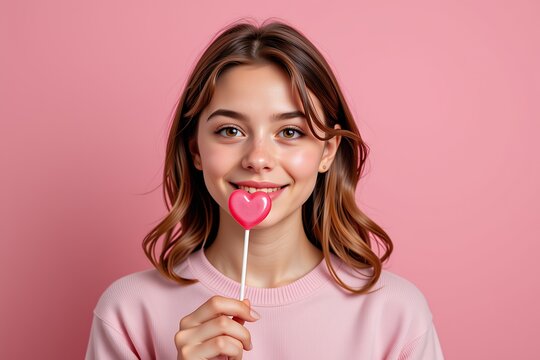 Happy Young Woman with Heart Shaped Lollipop on Pink Background Sweet Treats Valentine s Day