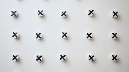 Abstract image featuring a repeating pattern of small, round, white objects with a dark 'X' mark on each, arranged in a grid on a white background