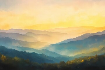Obraz premium ethereal mountain vista at golden hour, layered peaks disappearing into misty valleys, impressionistic painting style